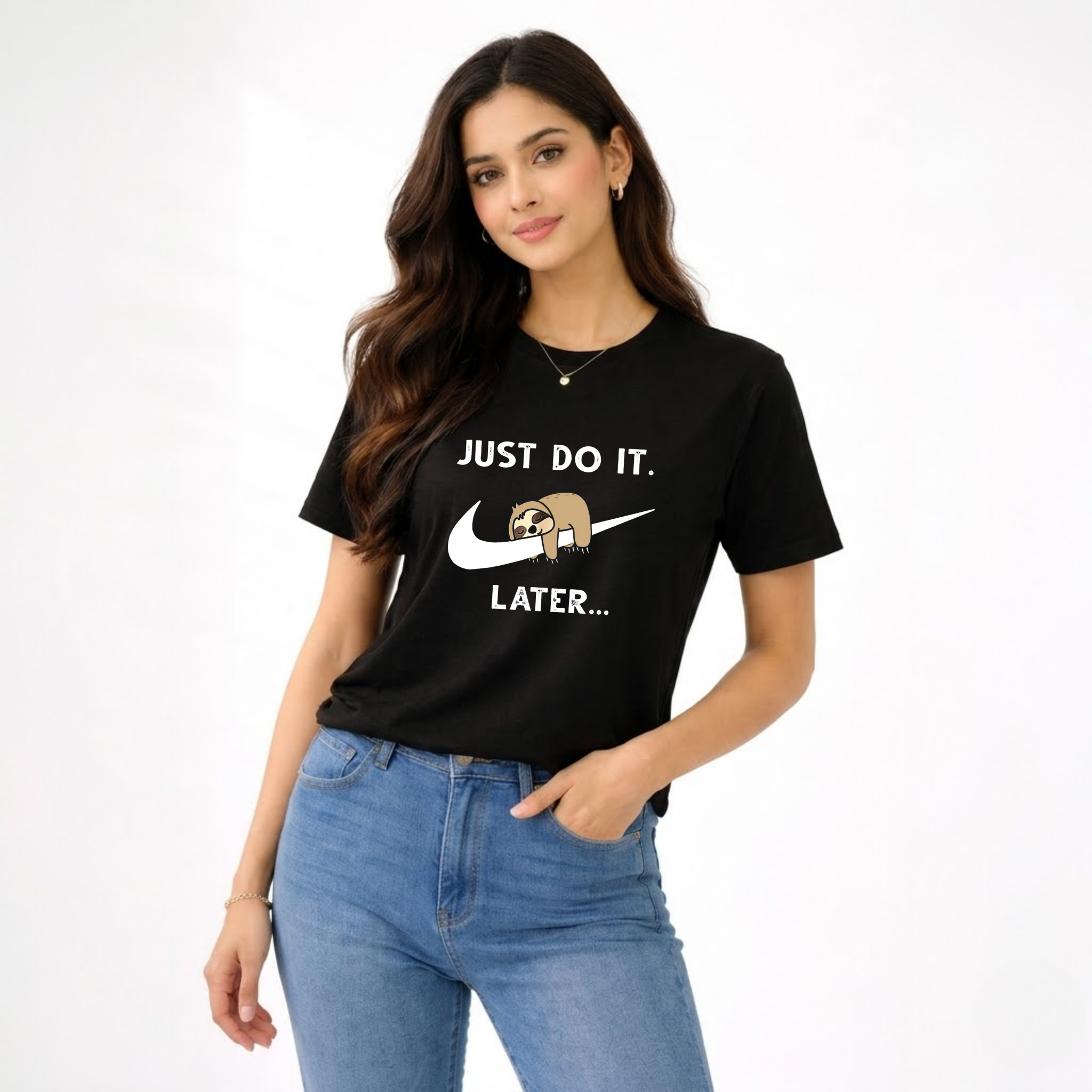 Premium Women’s Sarcastic Sloth "Just Do It Later" Graphic Black T-Shirt