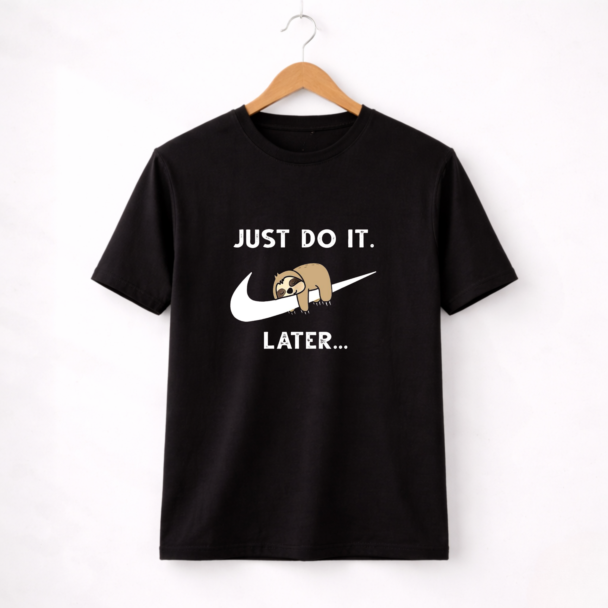 Premium Women’s Sarcastic Sloth "Just Do It Later" Graphic Black T-Shirt